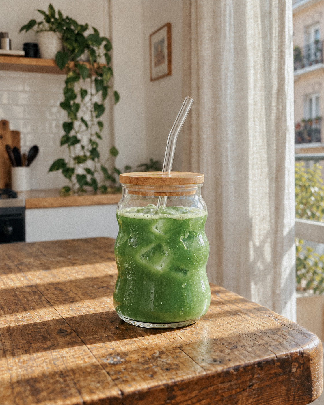 Wavy Glass · Vaso de vidrio 500 ml con tapa de bambú